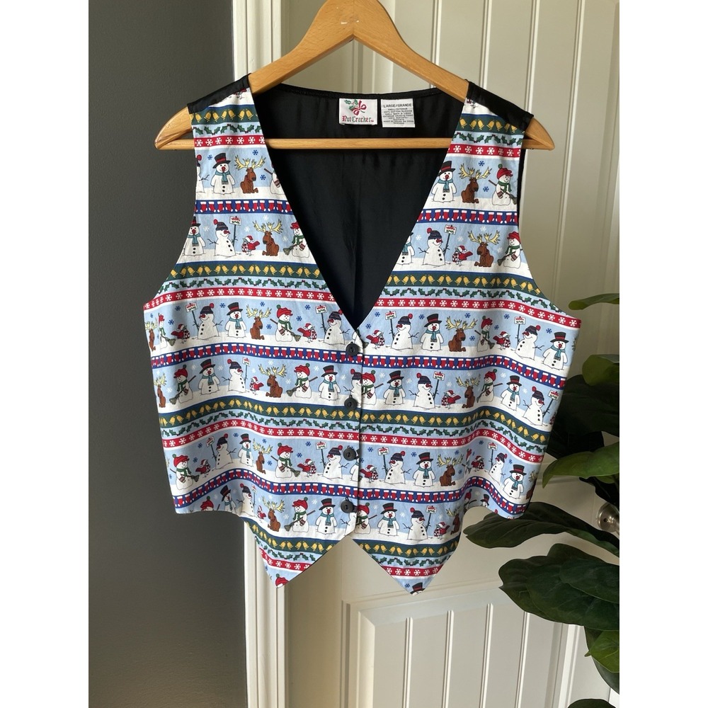 VTG 90s Nutcracker Ugly Christmas Vest Large Snowman Moose Reindeer Holiday Sz L